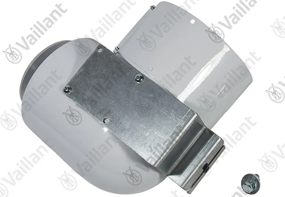Vaillant Stützbogen in Weiß mit metallischem Halter. Das Produkt befindet sich auf einem neutralen Hintergrund. Ein Schraubenteil ist ebenfalls abgebildet.